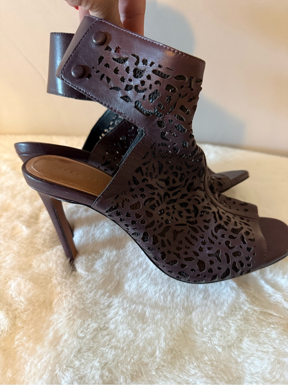 Zara Brown Laser-Cut High Heel Slingbacks